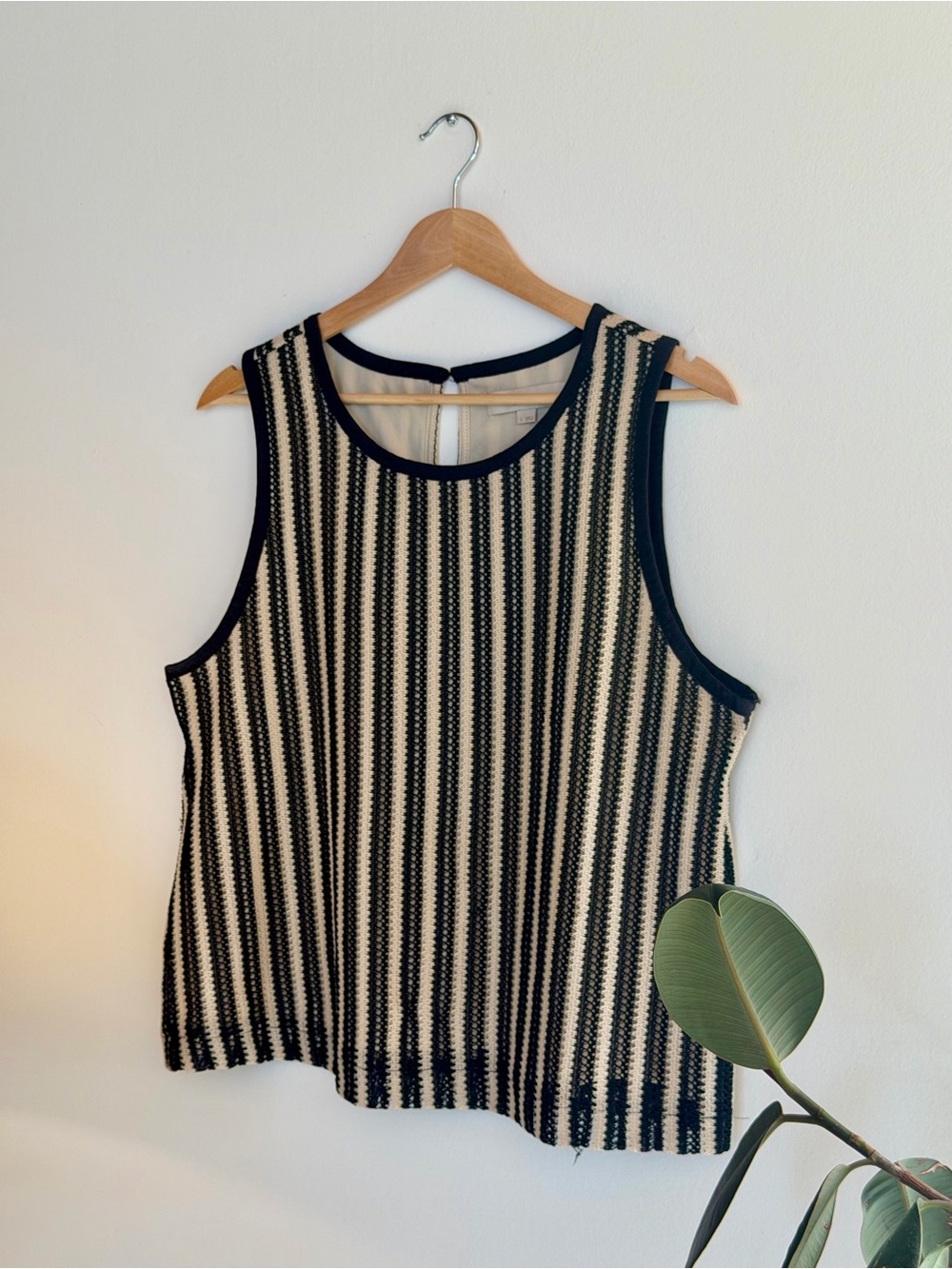 LOFT Black and Cream Vertical Stripe Sleeveless Knit Tank